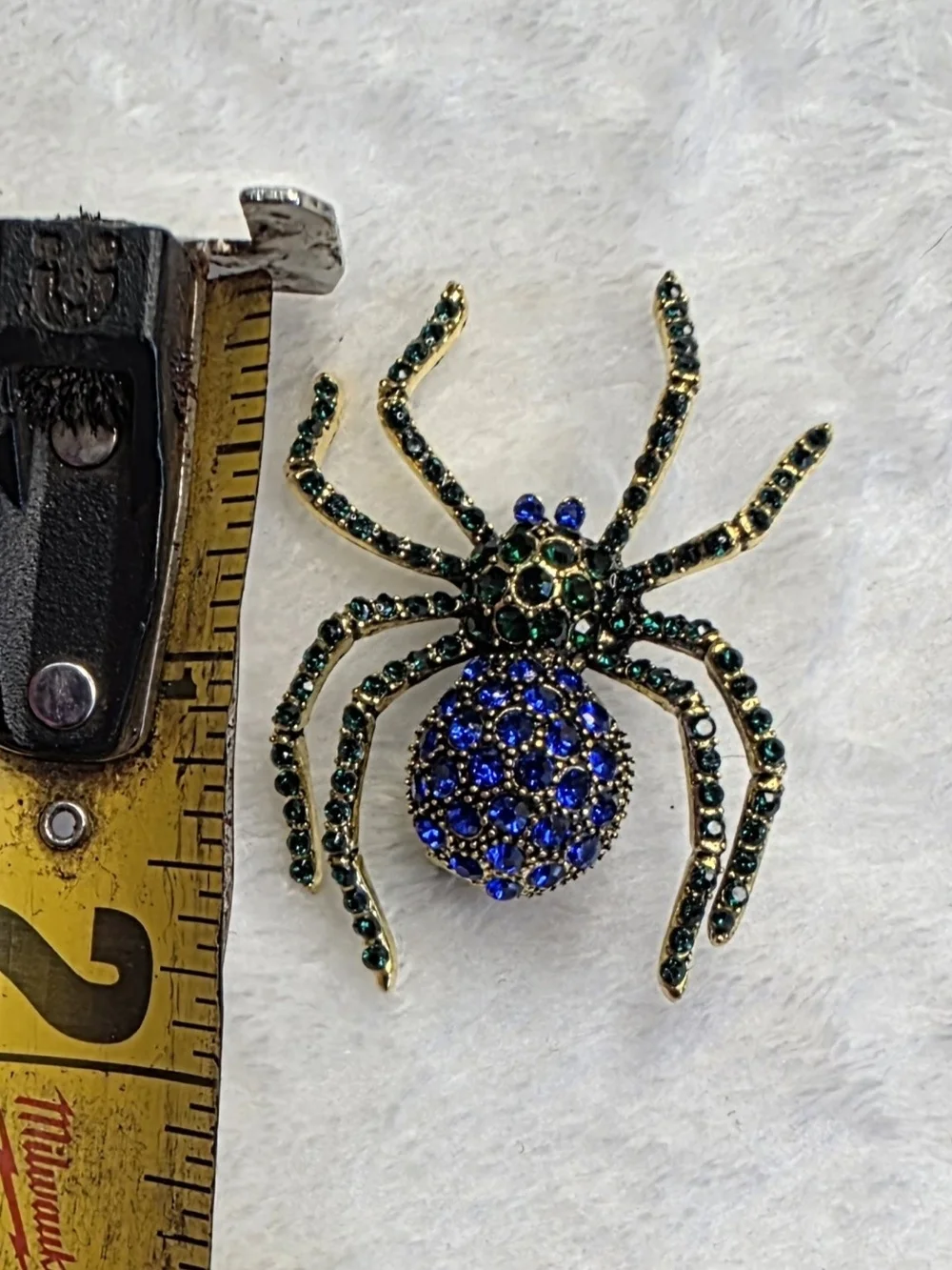 Sparkling Spider Brooch with Blue and Green Rhinestones